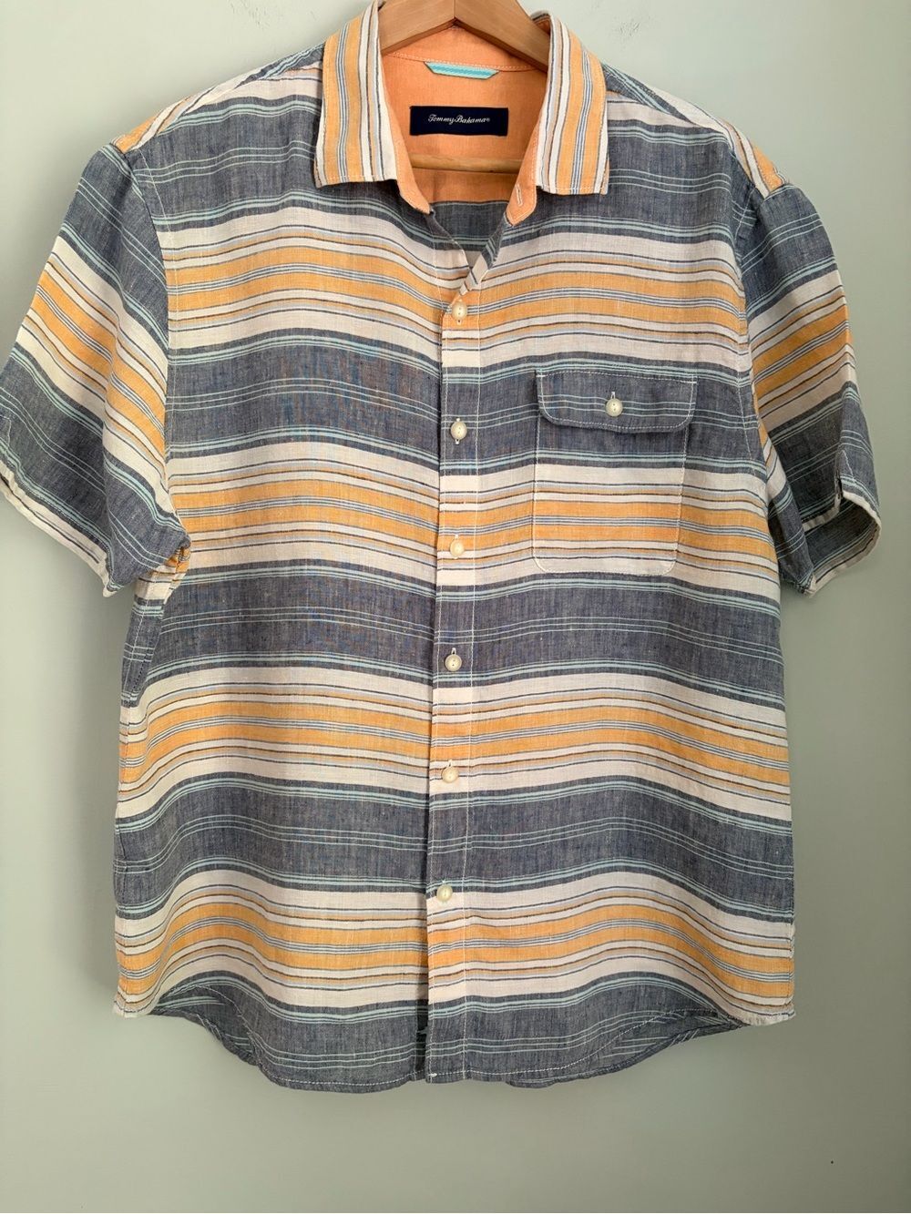 Tommy Bahama 100% Linen Short Sleeve Striped Button Down Shirt Men’s Large